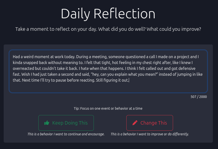 Daily diary entry interface showing reflection writing and behavior rating